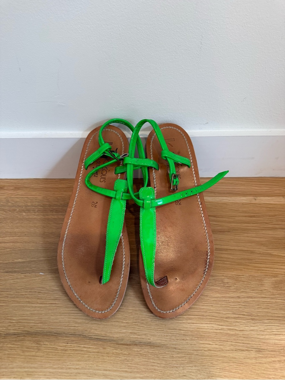 K Jacques Neon Green Leather T-Strap Sandals